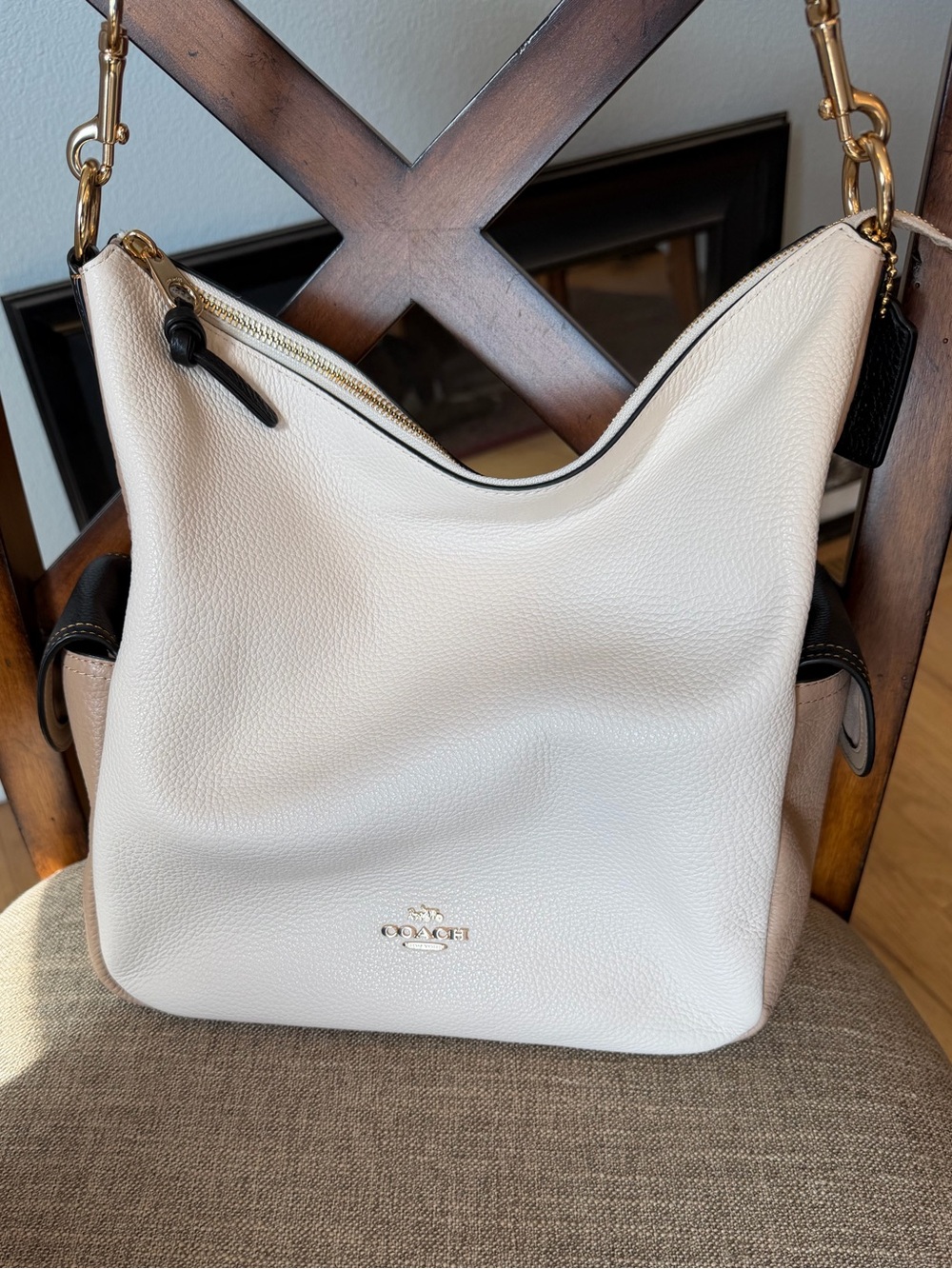 Coach Pennie Colorblock Leather Shoulder Bag in Cream, Brown and Black - Picture 2 of 7